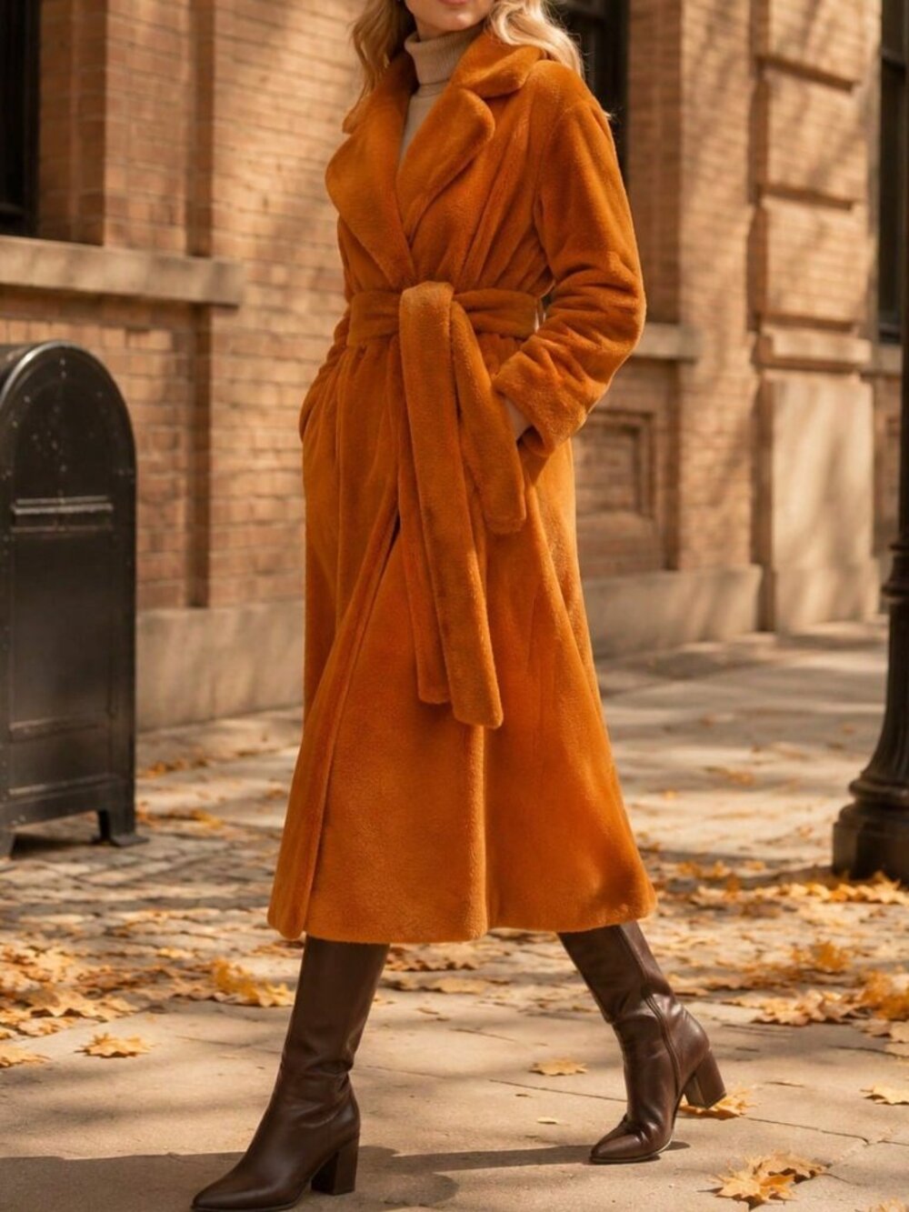 Caramel Elegant Women's Lapel Long Sleeve Belted Faux Fur Long Thick Coat